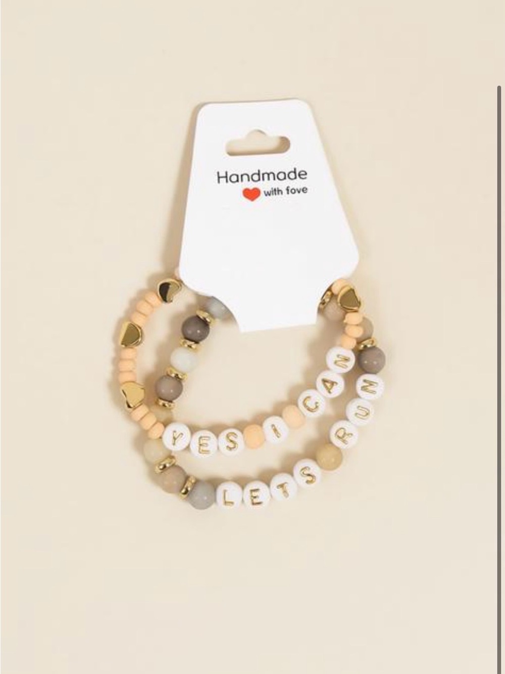 Handmade Beige 'Yes I Can / Let's Run' Beaded Bracelet Set - Picture 1 of 1